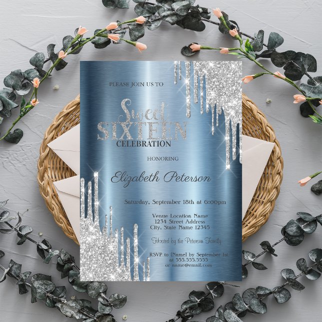 Invitación Purpurina plateado gotea dulce metálico azul 16 (Subido por el creador)