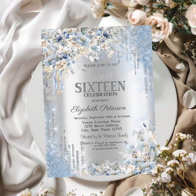 Invitación Purpurina plateado gotea flores azules dulce 16 (Subido por el creador)