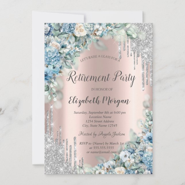 Invitación Purpurina plateado gotea flores azules jubilacione (Anverso)