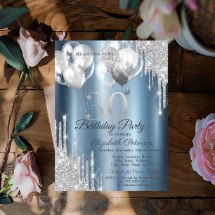 Invitación Purpurina plateado gotea globos Blue Metallic 30