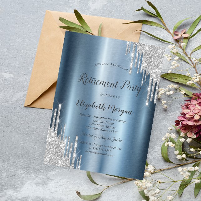Invitación Purpurina plateado gotea Jubilación metálica azul (Subido por el creador)