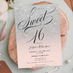 Invitación Purpurina plateado guión de moda oscura rosado Swe<br><div class="desc">El purpurina de plata gris de vidrio gris rompe la elegante fiesta de cumpleaños Sweet 16 ,  con un elegante pincel de caligrafía de escritura moda . Añadir tu foto</div>