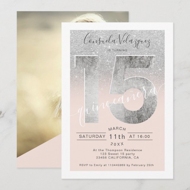 Invitación purpurina plateado guion de Relieve metalizado fot (Anverso / Reverso)