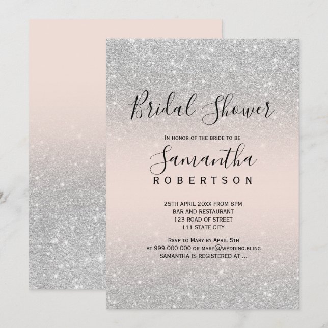 Invitación purpurina plateado guion rosado ducha de novia (Anverso / Reverso)