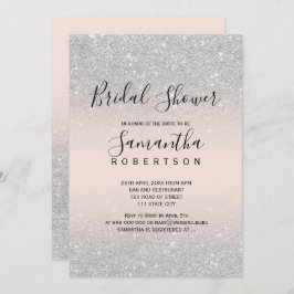 Invitación purpurina plateado guion rosado ducha de novia