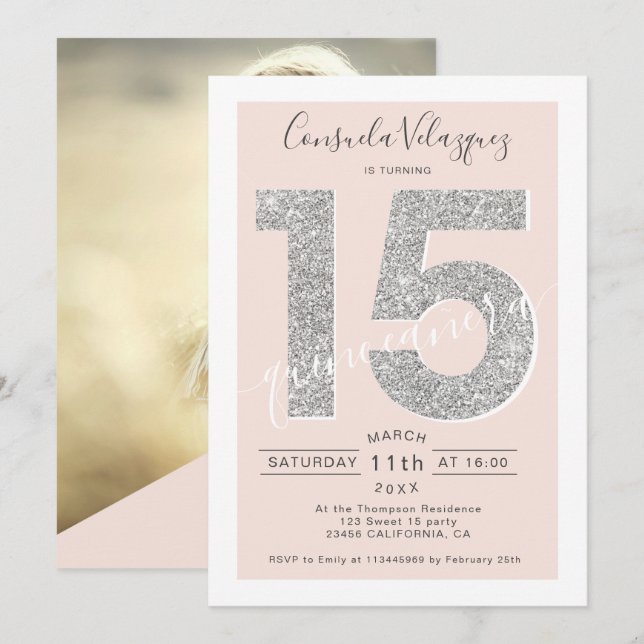 Invitación Purpurina plateado guión sonoro foto de quinceaner (Anverso / Reverso)