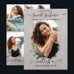 Invitación Purpurina plateado Halo Collage de fotos Sweet 16<br><div class="desc">Esta invitación a tomar fotos de la fiesta de cumpleaños de 16 años, dulce y bonito, es perfecta para el chica moderno y elegante. Presenta un falso halo de brusco de purpurina brillante de plata impreso sobre una gran foto y una elegante tipografía de escritura cursiva manuscrita. En la parte...</div>