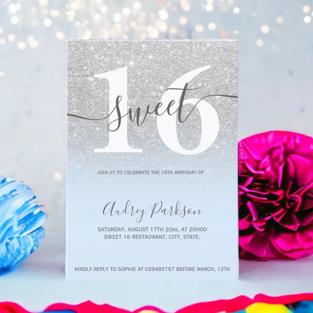 Invitación Purpurina plateado hielo azul oscuro grisáceo Swee (Silver glitter ice blue ombre girly Sweet 16 Invitation)
