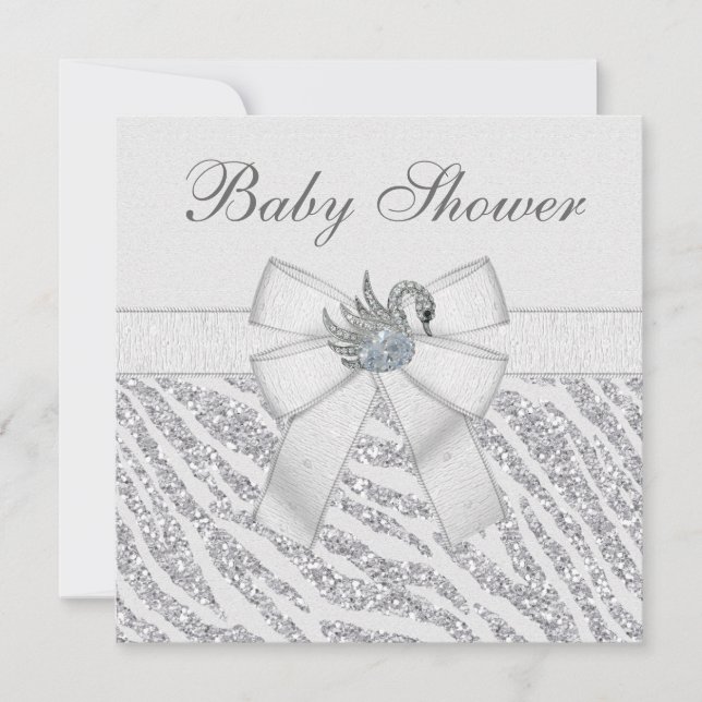 Invitación Purpurina plateado Impresión de cebra y Baby Showe (Anverso)