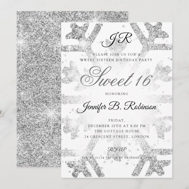 Invitación Purpurina Plateado Invierno Dulce 16 Cumpleaños (Anverso / Reverso)