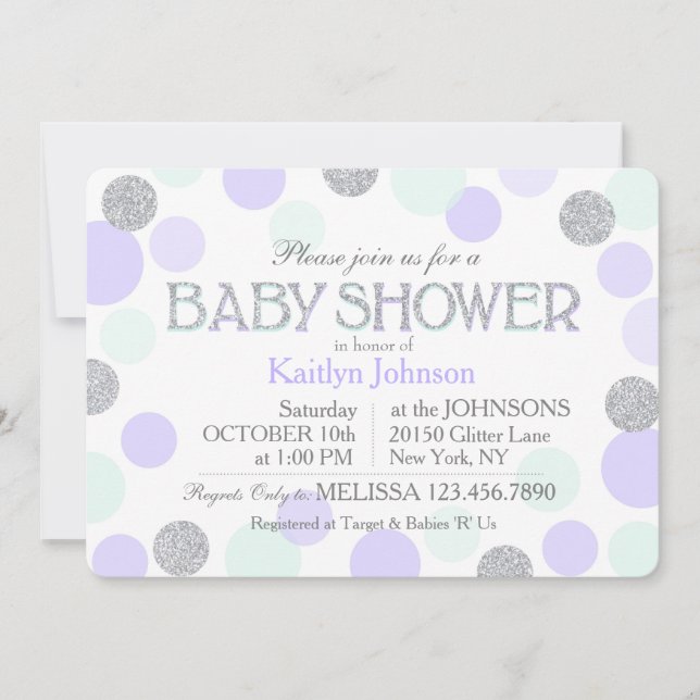 Invitación Purpurina plateado Lavender Seafoam Dots Baby Show (Anverso)