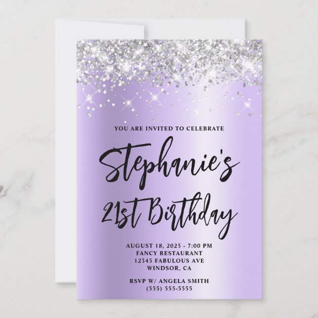 Invitación Purpurina plateado Lavender Shimmer Negrita 21er c (Anverso)