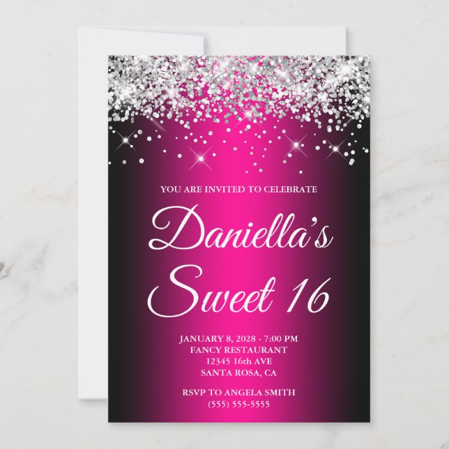 Invitación Purpurina plateado Magenta negro Ombre dulce 16 (Anverso)