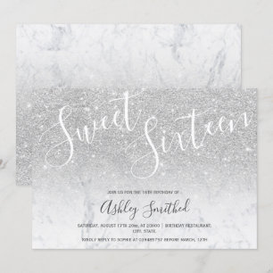 Invitación purpurina plateado mármol oscuro dulce dieciséis