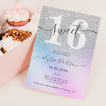 Invitación Purpurina plateado moda azul rosado gitano Sweet 1<br><div class="desc">El gris rosado del purpurina plateado brilla sobre el gradiente azul púrpura con una tipografía caligráfica de escritura dulce invitación de fiesta de 16 años. Perfecto para un moderno y elegante fiesta dulce de dieciséis años. Añade tu foto al fondo.</div>