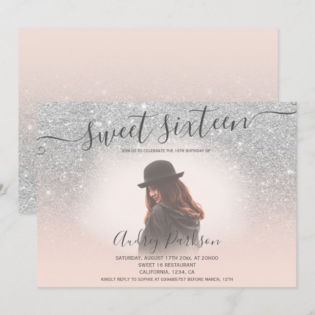 Invitación Purpurina plateado moda rosa rubor Dulce 16 foto (Anverso / Reverso)