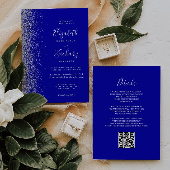 Invitación Purpurina plateado moderno Boda de código QR azul  (Subido por el creador)