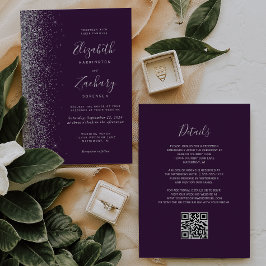 Invitación Purpurina plateado moderno Boda de código QR morad