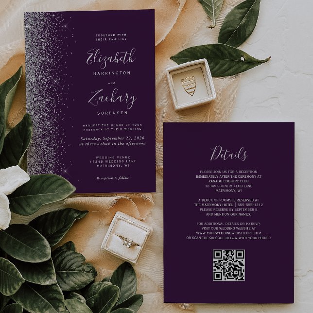 Invitación Purpurina plateado moderno Boda de código QR morad (Subido por el creador)