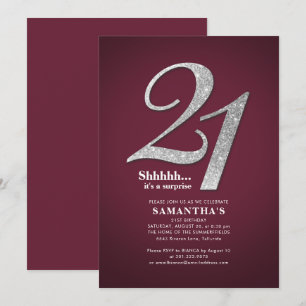 Invitación Purpurina plateado moderno cumpleaños 21ª sorpresa