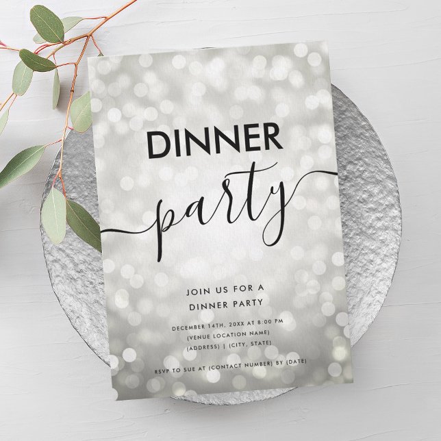 Invitación Purpurina plateado moderno enciende Fiesta de cena (Modern Silver Glitter Lights Dinner Party Invitation)