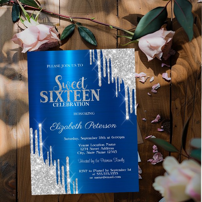 Invitación Purpurina plateado moderno gotea dulce azul metáli (Subido por el creador)