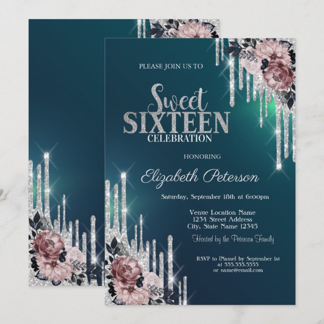 Invitación Purpurina plateado moderno gotea flores dulce 16 (Anverso / Reverso)
