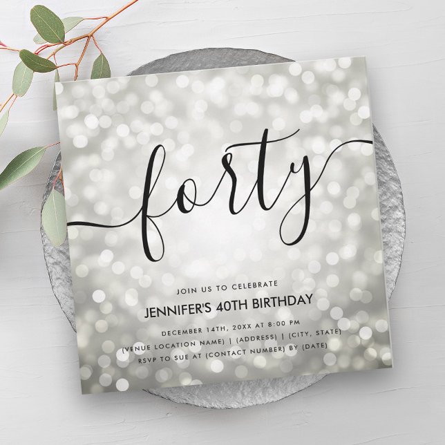 Invitación Purpurina plateado moderno ilumina 40 cumpleaños (Modern Silver Glitter Lights 40th Birthday Invitation)