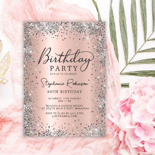Invitación Purpurina plateado moderno y oro Rosa 90 cumpleaño
