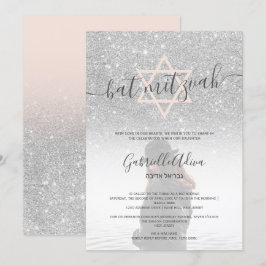 Invitación Purpurina plateado murciélago rosa mitzvah foto