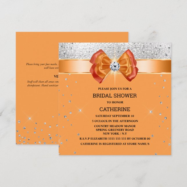 Invitación purpurina plateado naranja arco elegante moda dest (Anverso / Reverso)