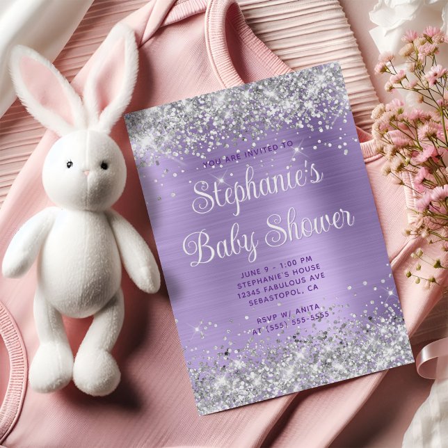 Invitación Purpurina plateado Pale Purple Baby Shower (Silver Glitter Pale Purple Baby Shower Invitation)