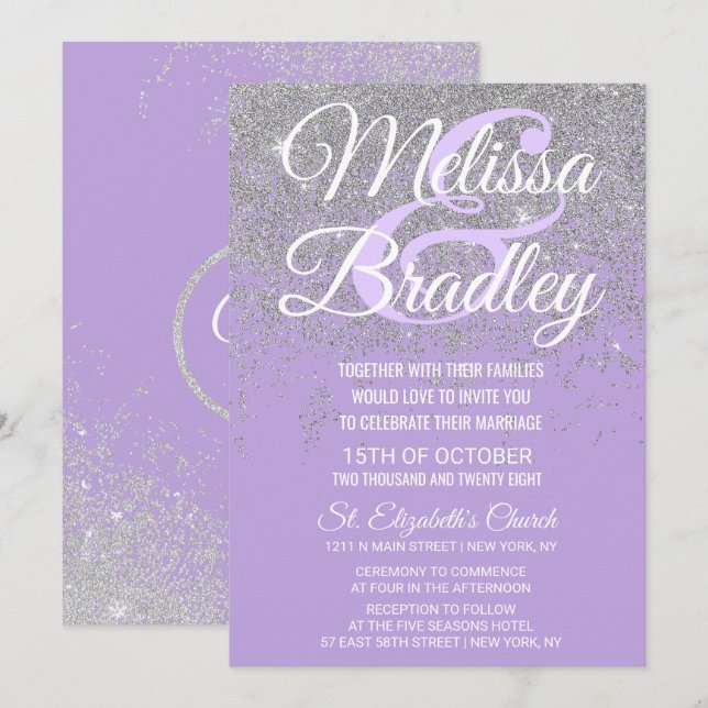 Invitación Purpurina plateado paraliza Boda de lavanda oscura (Anverso / Reverso)