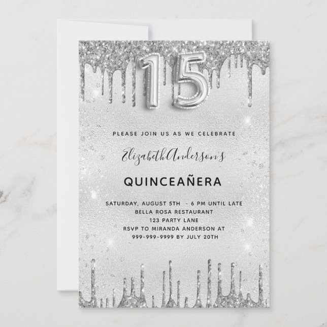 Invitación Purpurina plateado Quinceanera elegante (Anverso)