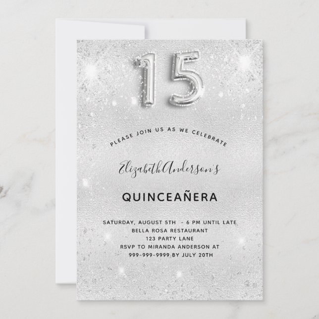 Invitación Purpurina plateado Quinceanera elegante (Anverso)