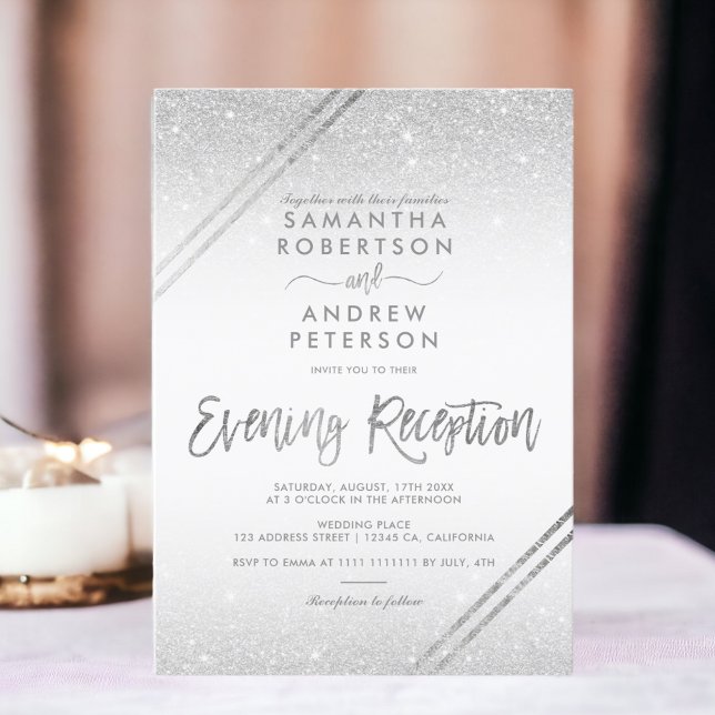 Invitación Purpurina plateado rayas elegante boda de guiones (Silver glitter stripes elegant script wedding invitation)