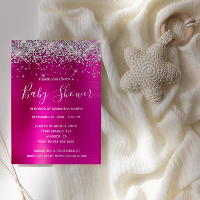 Invitación Purpurina plateado Relieve metalizado rosado calie (Silver Glitter Hot Pink Glam Baby Shower Invite)