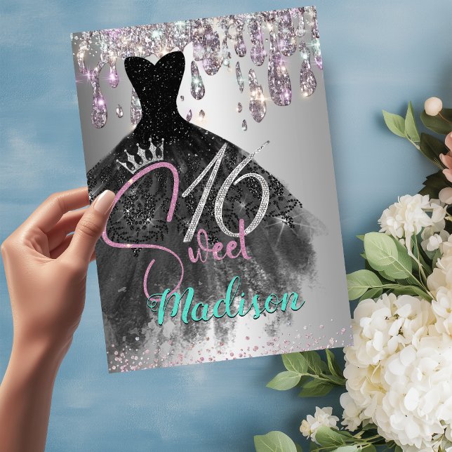 Invitación purpurina plateado ridiscente de moda gotea dulce  (Subido por el creador)