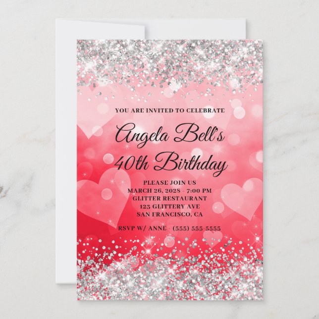 Invitación Purpurina plateado rosa y rojo corazón 40 cumpleañ (Anverso)