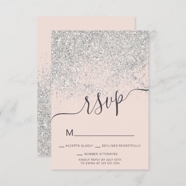 Invitación purpurina plateado RSVP color rosa dulce 16 (Anverso / Reverso)