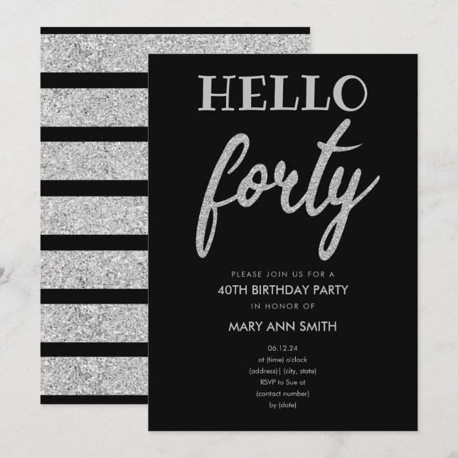Invitación Purpurina plateado simple "Hello Forty" Birday Par (Anverso / Reverso)
