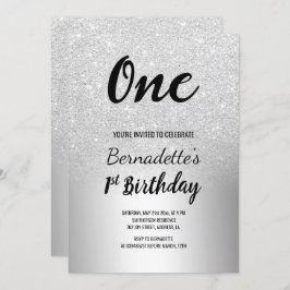 Invitación Purpurina plateado sombrío metálico primer cumplea