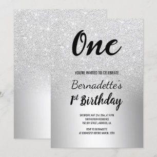 Invitación Purpurina plateado sombrío metálico primer cumplea