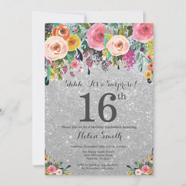 Invitación Purpurina Plateado Sorpresa Floral 16 cumpleaños (Anverso)