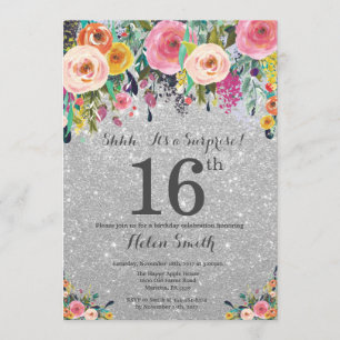 Invitación Purpurina Plateado Sorpresa Floral 16 cumpleaños