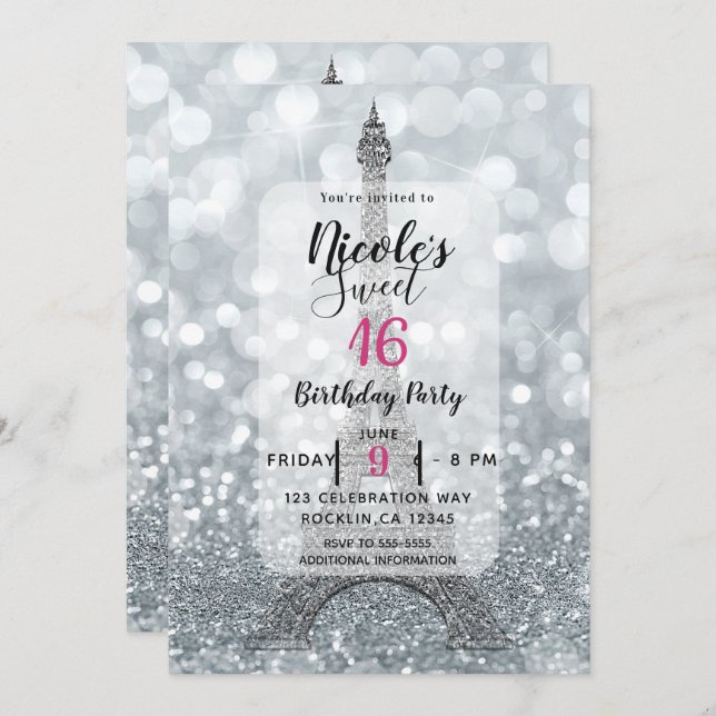 Invitación Purpurina plateado Sparkle Bling Eiffel Tower Fies (Anverso / Reverso)