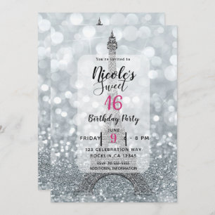 Invitación Purpurina plateado Sparkle Bling Eiffel Tower Fies