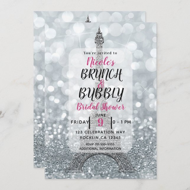 Invitación Purpurina plateado Sparkle Eiffel Torre Brunch Bub (Anverso / Reverso)
