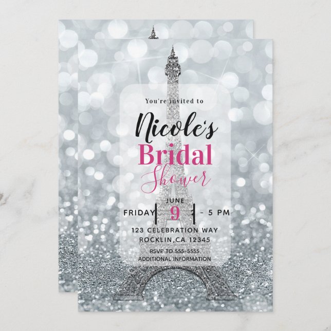 Invitación Purpurina plateado Sparkle Eiffel Tower Bridal Sho (Anverso / Reverso)