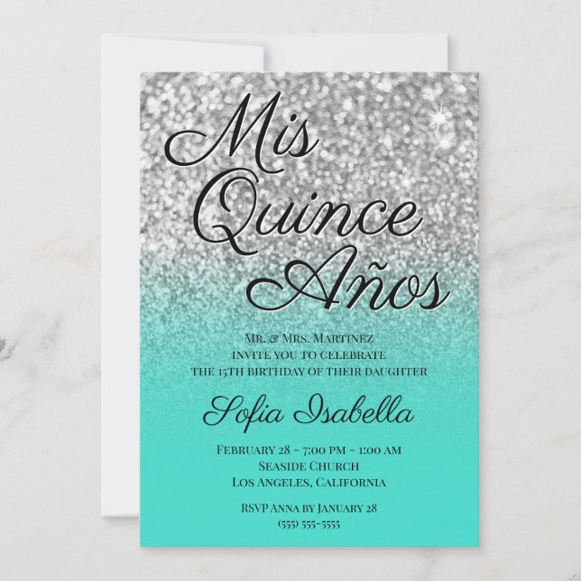 Invitación Purpurina plateado Turquoise Ombre Mis Quince Años (Anverso)